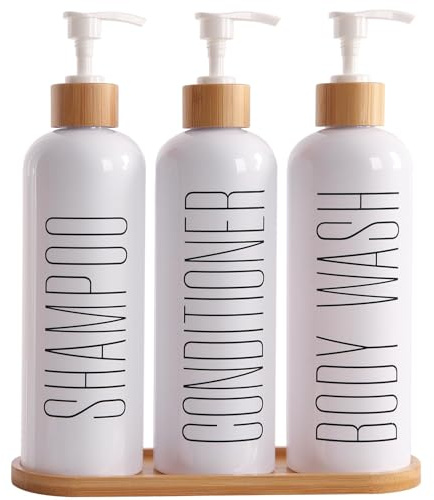 Raddile 3 Stück Seifenspender Weiß, 500ml Shampoo Flaschen zum Befüllen, Shampoo Spender für Bad, Duschgel Spender Mit Bambuspumpe und Bambustablett für Conditioner Shampoo Lotion(White)