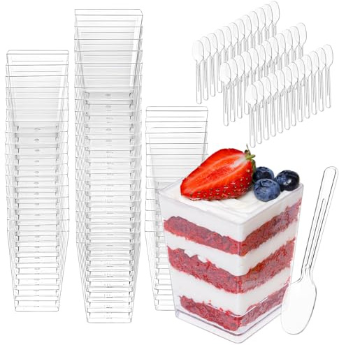YVCVQKUC Juego de 50 vasos de postre con 50 cucharas, vasos de postre transparentes de 160 ml, vasos de pudín reutilizables, accesorios para hornear para hacer tiramisú, pudín, mousse