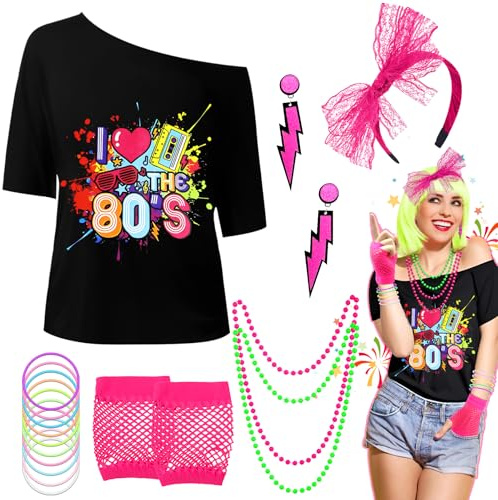Sekepingo Disfraz Años 80S Mujer Neón Conjunto de Disfraz de Los 80 para Mujer Chándal Retro Camiseta Guantes de Rejilla Diadema Pendientes Collar y Pulsera (XL)