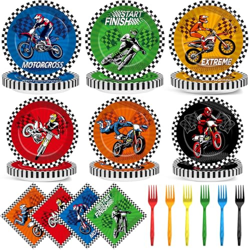 Yiaoyinnz 96Pcs Dirt Bike Party Decorations Motocross Birthday Dessert Plates Tableware Motorcycle Theme Dinner Paper Plates Napkins Racing Theme Dinnerware for Boys Baby Shower Supplies Favors
