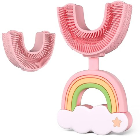 Spazzolino da denti per bambini da 2 a 6 anni, a forma di U, in silicone, a 360°, con setole morbide masticabili, per la pulizia completa della bocca, include 1 spazzola + 1 testina (rosa)