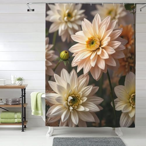TZTTZT Cortina de ducha realista con estampado blanco de dalia n.º 18, cortinas de ducha de tela gruesa y resistente para baño, lavable a máquina, 60 x 72 pulgadas