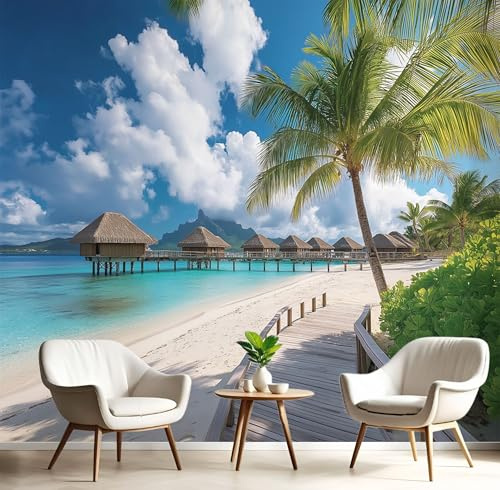 Fotomurales Playa De Palmeras 350X256Cm Papel Pintado Decoración De Pared Paisaje Vacacional, Murales Póster Azul Cielo Efecto 3D, Decorativos Murales Para Dormitorio Salón Tv Pared