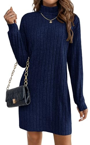 Zeagoo Winter Dresses for Women UK Straight Fit Knitted Jumper Dress Long Sleeve Ribbed Sweater Dress Autumn Casual Office Tunic Dresses Navy Blue S