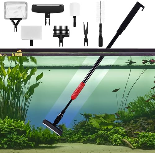 ZONJIE Kit de nettoyage 7 en 1 pour aquarium avec grattoir à long manche, éponge, brosse à poils rigides, râteau à gravier, brosse à eau, pince, nettoyeur de verre pour aquarium