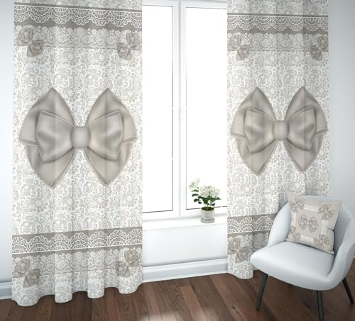 Cortinas de 2 piezas 140 x 290 cm con ojales – Diseño de lazos beige sobre encaje – Microfibra hipoalergénica – Impresión digital HD – Elegantes para salón, dormitorio y cocina