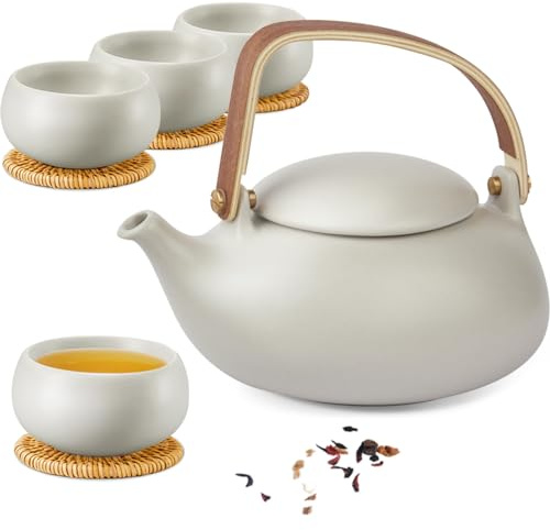 ZENS Tetera Japonesa con Infusor, 800ml Pequeño cerámica Tetera con 4 Tazas Para té a granel, Gris Tea pot con Filtro de acero Inoxidable y mango de Madera moderno para los amantes del té.