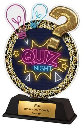 XS Acryl Quiz Pokal 11 cm - Trophäe Quiz Night für Kneipenquiz & Award | Neon Design mit Glitzer, individuell gravierbar, ideal als Auszeichnung für Teamevents, Spieleabend & Pub Quiz Sieger