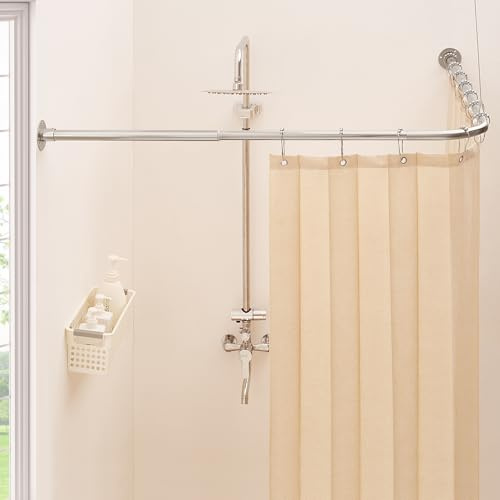 Mirooyu Duschvorhangstange L form [100-172 cm] x [140-212 cm] Extra Lange Eckduschstange 90° Grad Duschstange verstellbar für Badewanne, Dusche & Außenbereich mit 12 Haken & Deckenstütze