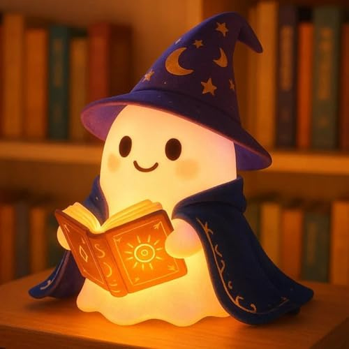 OKESYO Halloween Ghost Leselampe, LED Geister Buchlampe aus Harz, Niedliche Ghost Leselampe Buch, Ghosts Nachtlicht für Schlafzimmer, Wohnzimmer, Halloween Deko(8.6 Inch)