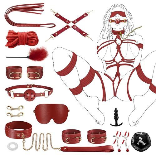 14Pcs BDSM Kit for Beginners, Black/Red Bondage Set for Couples with Adjustable Wrist & Ankle Cuffs, Collar, Blindfold, Ball Gag, Flogger & Ropes, Complete Adult Toy (Red)