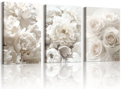 WENGTIAO 3 Stück Weiße Blumen Leinwand Bilder Kunstdrucke Gerahmt | Blühenden Weiße Rosen Pfingstrosen Geblümt Gemälde, Wandbilder für Modern Wanddeko Wohnzimmer Schlafzimmer 30x40cmx3