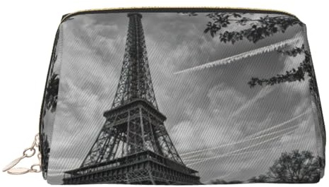 Eiffel Tower Pattern Print Leather Cosmetic Pouch, Leather Makeup Bag for Purse with Top Zip Closure Stylish Toiletry Bag