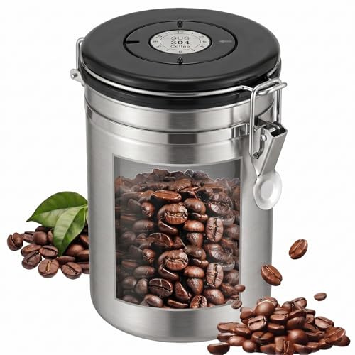 Airtight Coffee Canister, 1.8L Stainless Steel Coffee Container for Coffee Bean Storage Jars with Date Tracker and CO2 Release Valve for Beans, Ground Coffee, Tea, Nuts, Flour and Cereal