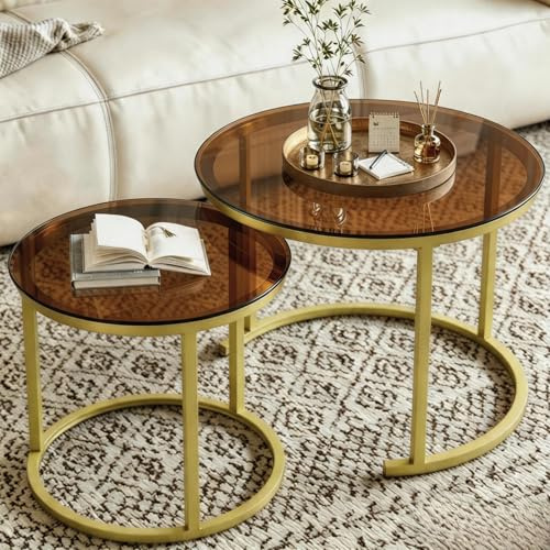 Hawthyhome Runde Beistelltisch 2er Set, Moderner Wohnzimmertisch für Wohnzimmer, Couchtische Set Satztische für Wohnzimmer, Nesting Sofatisch mit Gelbem Metallgestell, Braun Glas