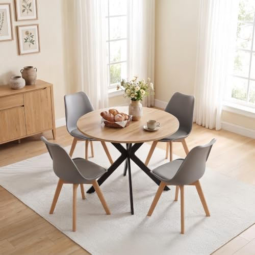 Songvas Essgruppe Set Tisch und Stühle,Essgruppe 5-Teilig,100cm Runder Esstisch und 4 Skandinavischen Grau Esszimmerstühle,für Küche Esszimmer Wohnzimmer