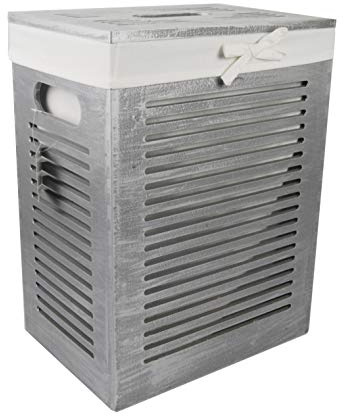 DVier Wäschekorb Holz MDF Grau Ice Grau mit Bezug Deckel Handgriffe 40x30 H.55cm