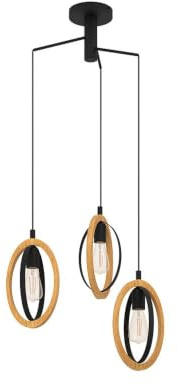 EGLO Pendelleuchte Basildon, 3 flammige Hängelampe Vintage, Industrial | Retro, Hängeleuchte aus Stahl und Holz in Schwarz, Natur, Esstischlampe, Wohnzimmerlampe hängend mit E27 Fassung, Ø 61,5 cm