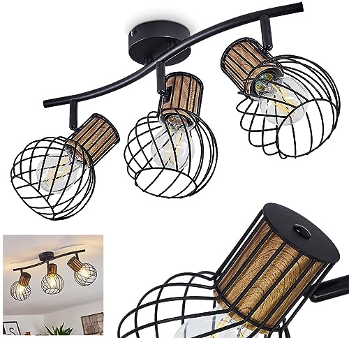 HOFSTEIN Deckenleuchte Koler, verstellbare Deckenlampe aus Metall in Schwarz/Holzoptik, moderne Leuchte im Retro/Vintage-Design, Lichteffekt durch Gitter-Optik, 3 x E27, Wohnzimmer, Esszimmer, Küche