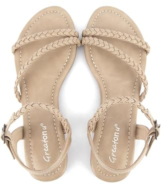 Greatonu Women's Flat Sandals Summer Braided Slip On Gladiator Sandals Open Toe Strappy Slingback Shoes Beige Size 10