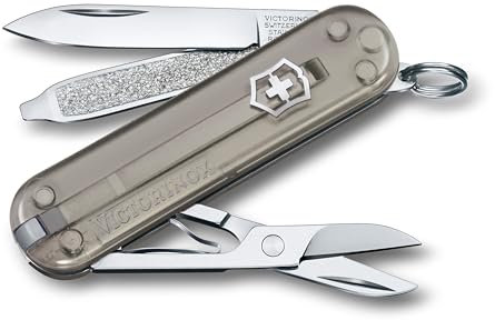 Victorinox, Classic SD, Coltellino Svizzero, Originale, Multiuso, Campeggio, 7 Funzioni, Lama, piccola, Lima per unghie, Grigio Trasparente