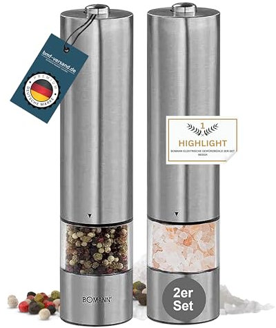 bmf-versand® elektrische Salz und Pfeffermühle mit Licht - elektrische Pfeffermühle aus Edelstahl - Gewürzmühle elektrisch mit Keramikmahlwerk groß - elektrisches Salz und Pfeffermühlen Set