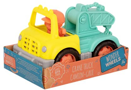 Battat Wonder Wheels by Kranwagen Spielzeug – LKW Spielzeug; abnehmbare Figur – Mini LKW mit beweglichem Kranarm und Haken – Klassisches Spielzeug für Kleinkinder – Spielzeug ab 1 Jahr – Kran