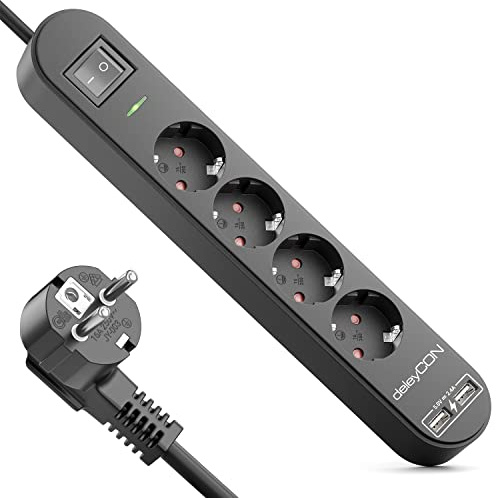 deleyCON 1,5m 4-Vägs Grenuttag med USB Strömlist, 4x Skyddskontaktuttag, 2x USB-A Ladduttag för t.ex. Mobil & Surfplatta, Överspänningsskydd, AV/PÅ-Knapp, Svart