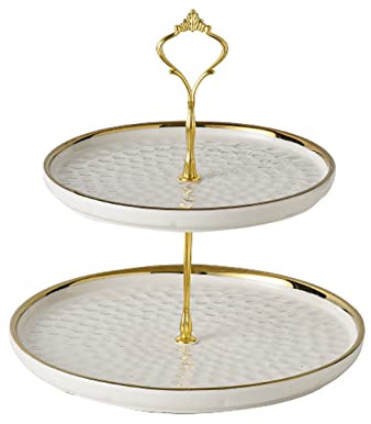Koomuao Présentoir à Gâteau 3 Étages Corbeille a Fruit en Céramique et Métal Support à Cupcake Plats de Service Desserts Fruits d'Aliments pour Fête Anniversaire Mariage Noël (Blanc - A, 2 Étages)