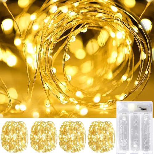 4x 5M 50er LED Lichterkette Batterie - 3 Glitzer Modi Lichterketten AA Batteriebetrieben Silberdraht Drahtlichterkette für Hochzeit Party Beleuchtung Halloween Weihnachten Zimmer Dekoration, Warmweiß