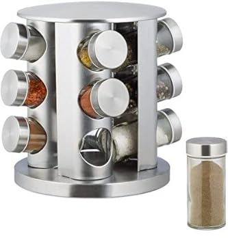 Jolie Max - Rotating Stainless Steel Spice Rack with 12 Glass Jars - Revolving Free Stand Organizer for Spices and Herbs