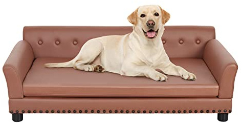 BingoPaw Large Luxury Leather Dog Sofa Couch Raised Wine Red XL(120x74cm) | Scratch Resistant Leather Pet Sofa Lounge Bed for Large Dogs up to 60kg, Wooden Frame Raised Puppy Chair with Cushion