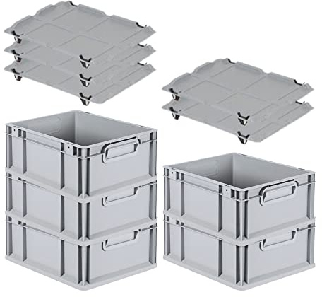 PROREGAL SuperSparSet 5x Eurobox NextGen Economy mit Auflagedeckel und 4x Schiebeschnappverschlüsse Schwarz, Griffe geschlossen, HxBxT 17x30x40cm, 16L, Eurobehälter, Transportbox, Transportbehälter