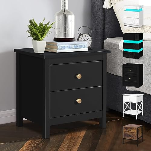 ELFORDSON Black Bedside Table with 2 Storage Drawers, Wooden Bedside Cabinet, Sofa Side End Table for Bedroom/Living Room/Hallway