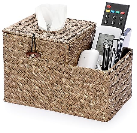 IGNPION Gewebte Taschentuchbox mit Seitentasche, würfelförmiger Taschentuchbezug, Kaffeebraun | Dekorative Kosmetiktuch-Abdeckbox, Seegras, quadratisch, mit Fernbedienungshalter, für Haus, Büro, Hotel