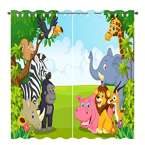 SHUIZHIHE Vorhänge mit Ösen, verdunkelnde Vorhänge, Dschungel, Safari, Elefant, Löwe, Nilpferd, Muster, Fenstervorhänge für Kinderzimmer, 2 Paneele (B x T) 117 x 137 cm