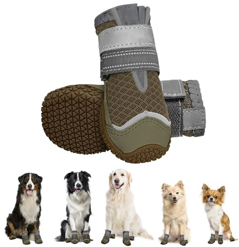 Eyein Hundeschuhe Pfotenschutz, 2 Stück atmungsaktiv Hundeschuhe mit Rutschfester Sohle und reflektierendem Klettverschluss für kleine, mittlere und große Hunde, Sport im Freien (Braun, Größe 0)