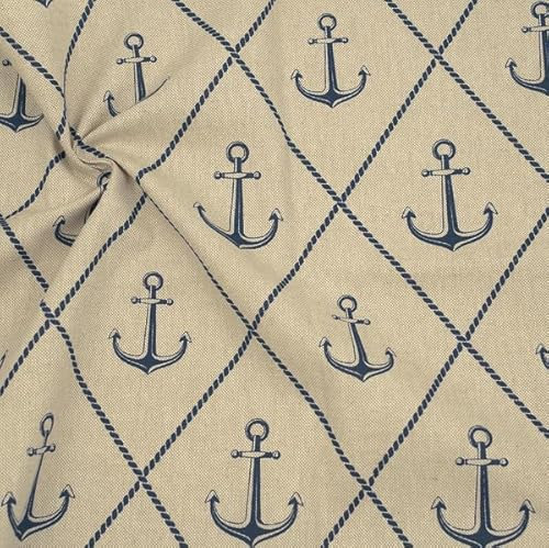 STOFFKONTOR Dekostoff Stoff Bedruckt Anker und Seile - Meterware, Farbe Natur - zum Nähen von Tischwäsche, Kissen, Vorhängen, Dekoartikeln UVM.