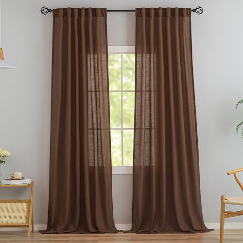 Braune Leinen-Vorhänge mit Rücklaschen, 244 cm lang, 2 Paneele Set für modernes Bauernhaus, Haken, Gürtel, Plissee, leicht zu schieben, halbsichtbar, dicke dekorative Vorhänge, Stangentasche,