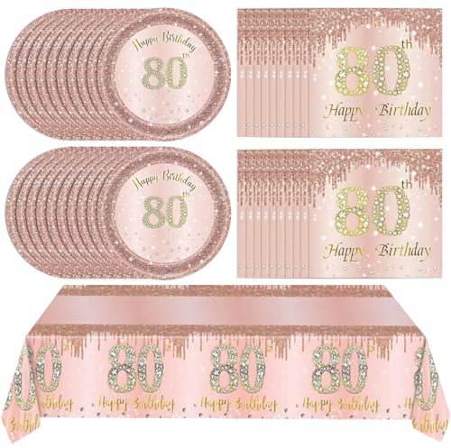 Ryzovo 41Pcs 80th Birthday Decorations, Rose Gold Birthday Party Supplies Include 20Pcs Plates 20Pcs Napkins and 1Piece Tablecloth, Sweet Eighty Year Old Birth Party Tableware for Girl Ladies Women