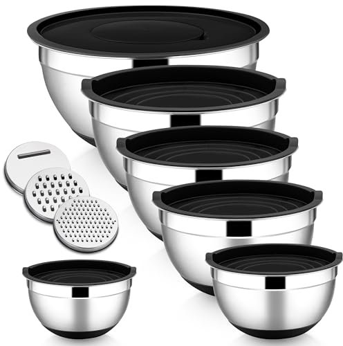 HaWare Set di 6 ciotole per insalata, in acciaio inox, con coperchio ermetico e 3 grattugie, 4,6 l/2,8 l, 2,5 l, 1,6 l, 1,2 l, 0,7 l, fondo in silicone antiscivolo e lavabile in lavastoviglie, colore