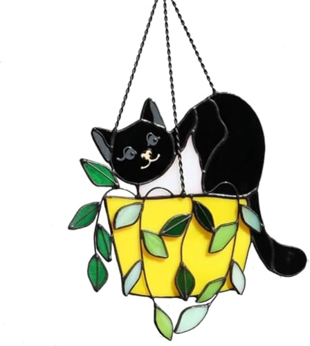 Osmond Cat in A Flowerpot Suncatcher Stained Glass Window Hangins, Crystal Suncatcher, Acrylic Suncatchers Kit, Wall Art A