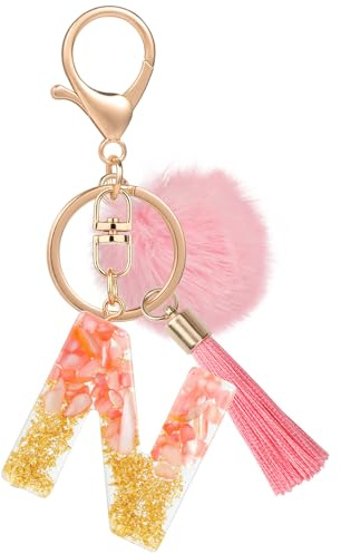 MWOOT Name Buchstabe Schlüsselanhänger, Rosa Schlüsselband für Damen, Harz Schlüsselringe für Tür Auto Schlüssel Handtaschen Deko