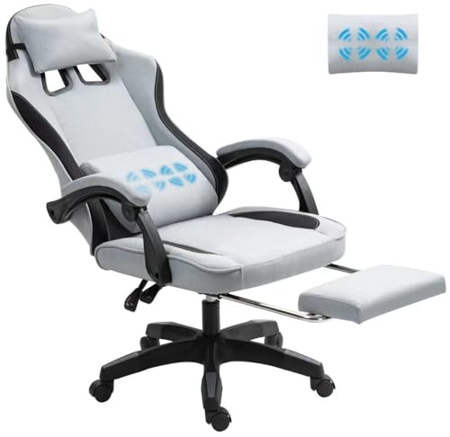 Fabric Massage Gaming Chair, Ergonomic Computer Chair, Video Game Chair, Massage Office Chair, Desk Swivel Chair, Adjustable, Reclining, Footrest, Massage Cushion, Fabric Material, Grey, New
