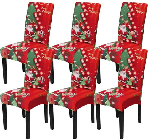 Weihnachten Stuhlhussen 6er Set Stretch Weihnachten Esszimmerstuhl Rot-Baum | Stuhlbezug mit Nikolaus Weihnachtsstuhl Schutzhüllen Für Esszimmer Hotel Hochzeit Urlaub Party Dekor