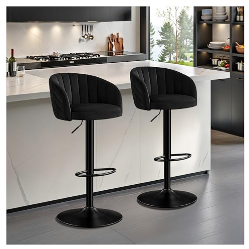STOOLINK Sgabelli da Bar Set di 2, Sedia da Bar Tessuto Velluto al Latte, Sgabello Cucina con Poggiapiedi, Sgabello Alto Regolabile, Sgabello Bar Girevole a 360° con Schienale e Bracciolo - Nero