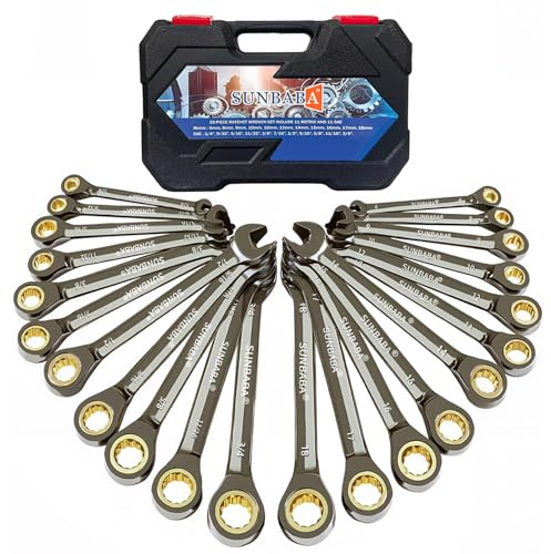 Sunbaba Juego de llaves de carraca de 22 piezas, antideslizantes, 72 dientes, juego de llaves de trinquete combinadas métricas de 6 a 18 mm y SAE 1/10.2 cm-3/10.2 cm con caja organizadora, acero CRV