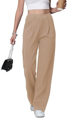 HMIYA Weite Hosen Damen Lässig Gerade Stoffhose Business Elegant Dünne Herbst Hose mit Tasche,Khaki,L/32L