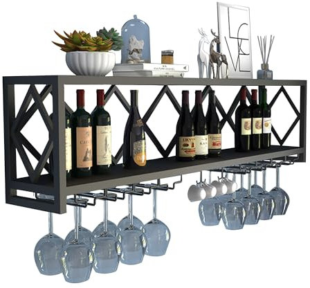 Weinregal Wand Metall Flaschenregal Schmal Wine Rack Weinschrank Hausbar Barschrank Getränke Regal Bar Regal Wand mit Weinglashalter für Esszimmer Home Bar Küche Bartheke Wohnzimmer(Nero,120*25*45cm)
