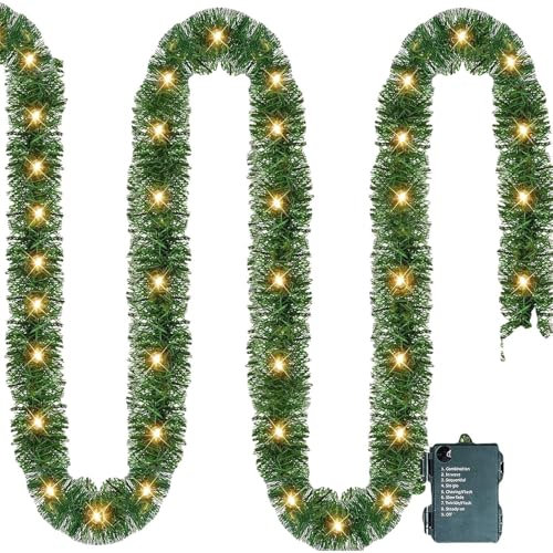 5M Artificial Green Christmas Garland With Lights - Lighted Decor for Fireplace, Stair, Front Door & Tree